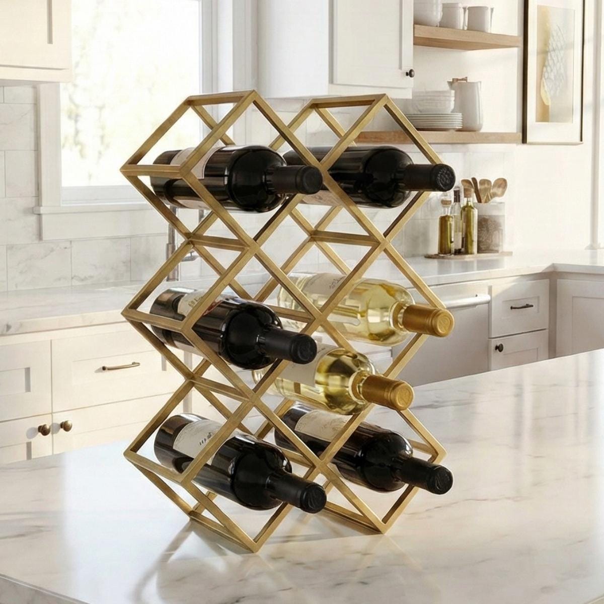 Geometric Gold Wine Rack | Modern Countertop Bottle Holder