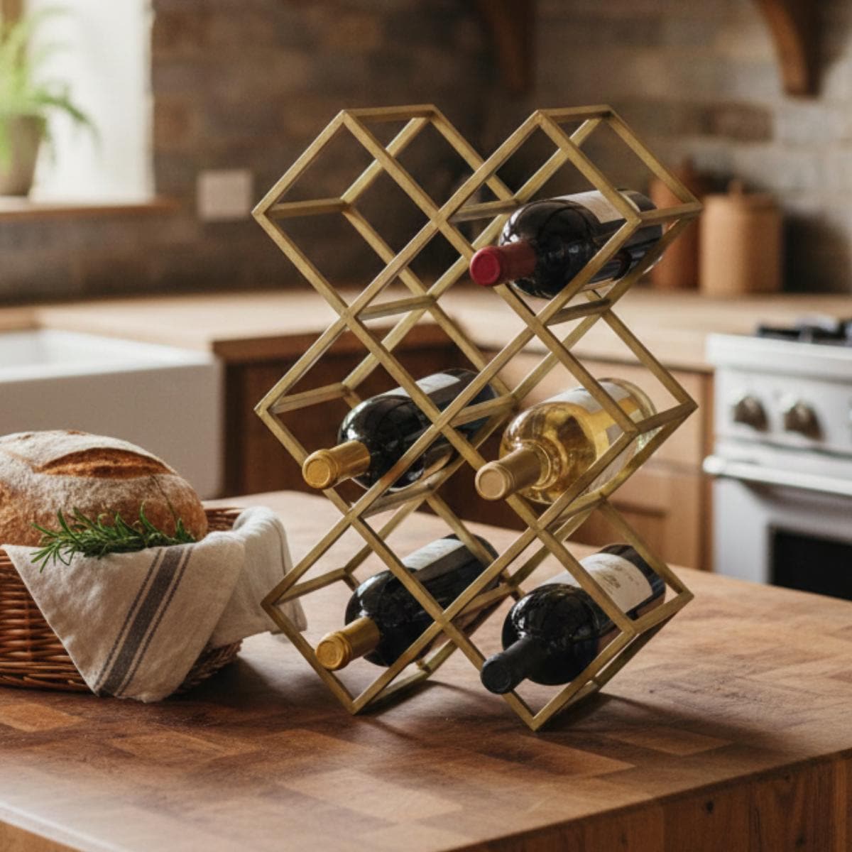 Geometric Gold Wine Rack | Modern Countertop Bottle Holder