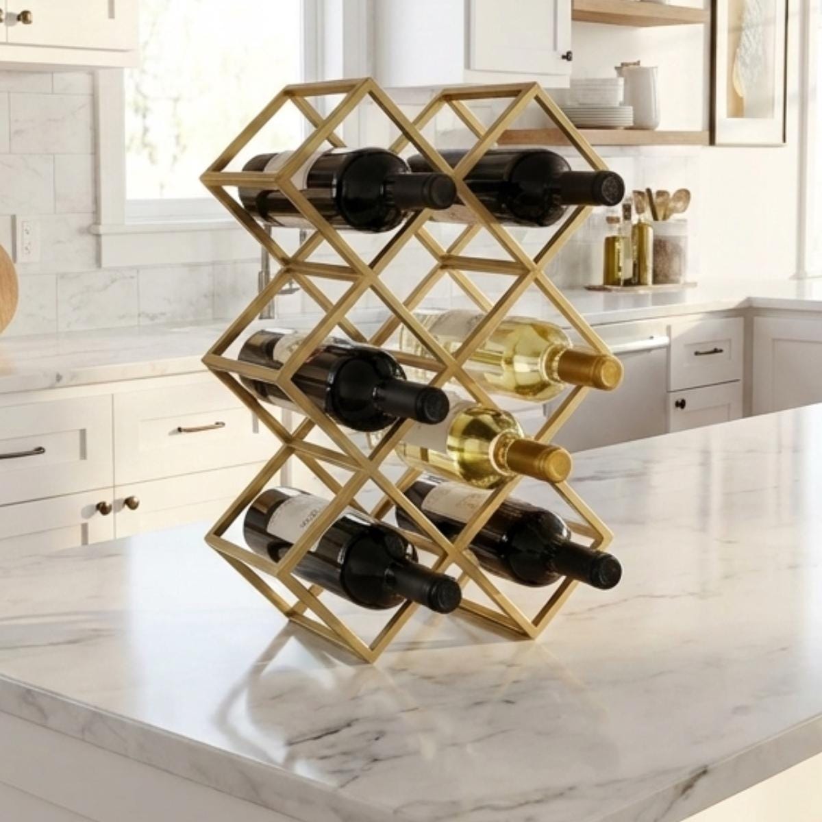 Geometric Gold Wine Rack | Modern Countertop Bottle Holder
