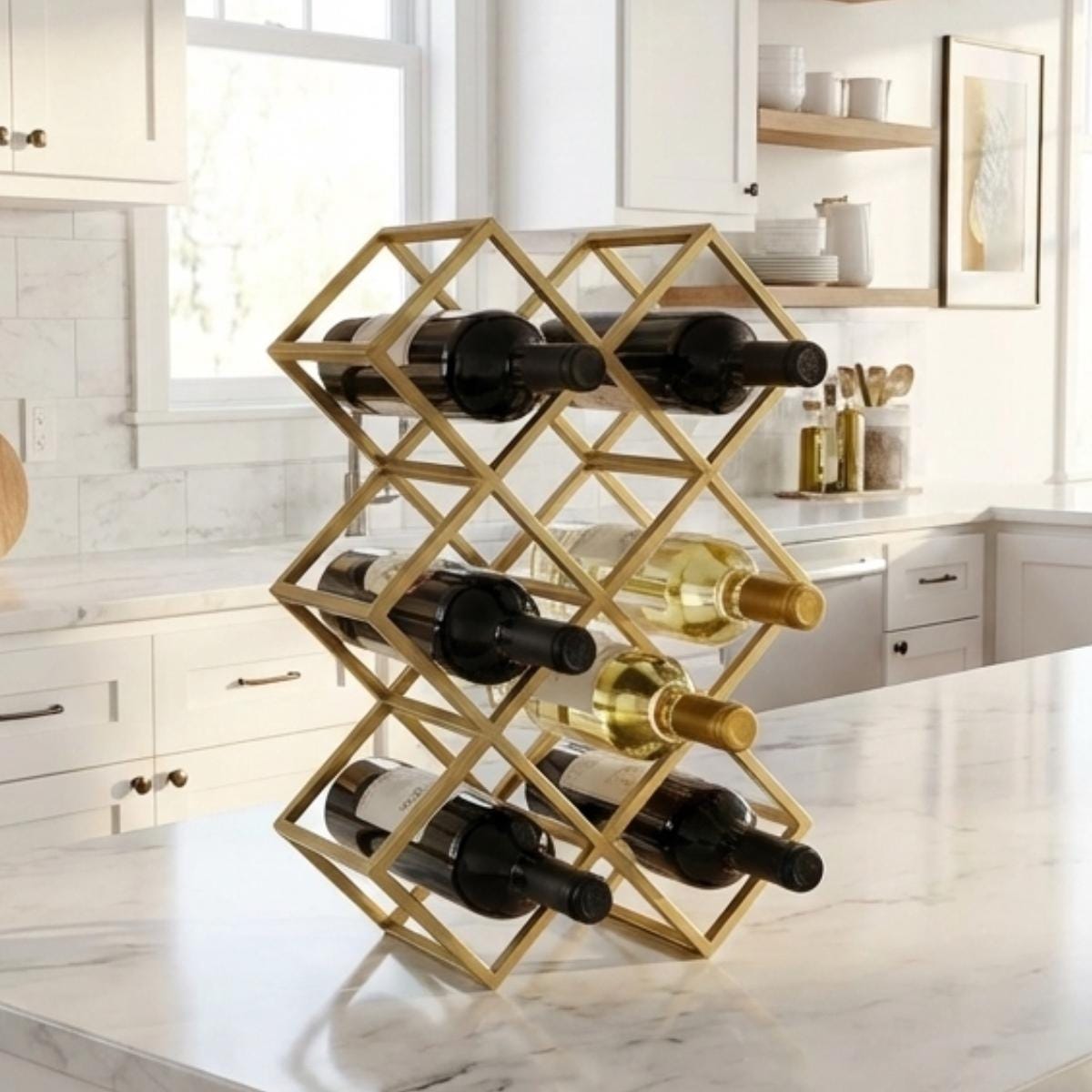Geometric Gold Wine Rack | Modern Countertop Bottle Holder
