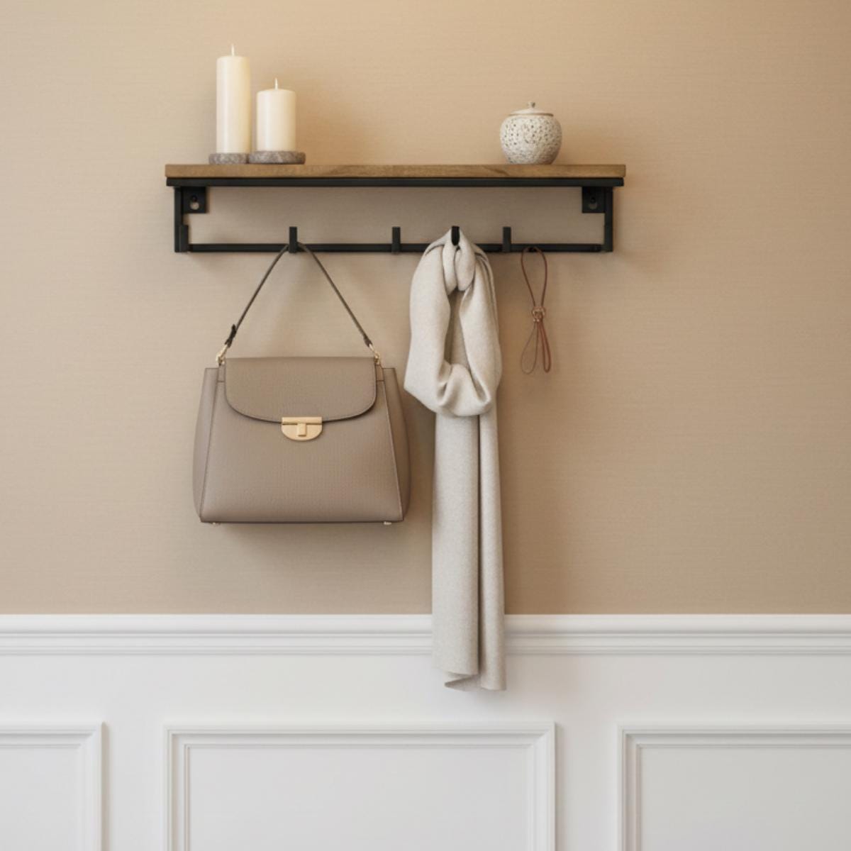 Wall Mounted Coat Rack with Shelf, Modern Entryway Organizer, Wood and Metal Coat Hooks for Hallway Mudroom Storage, Minimali