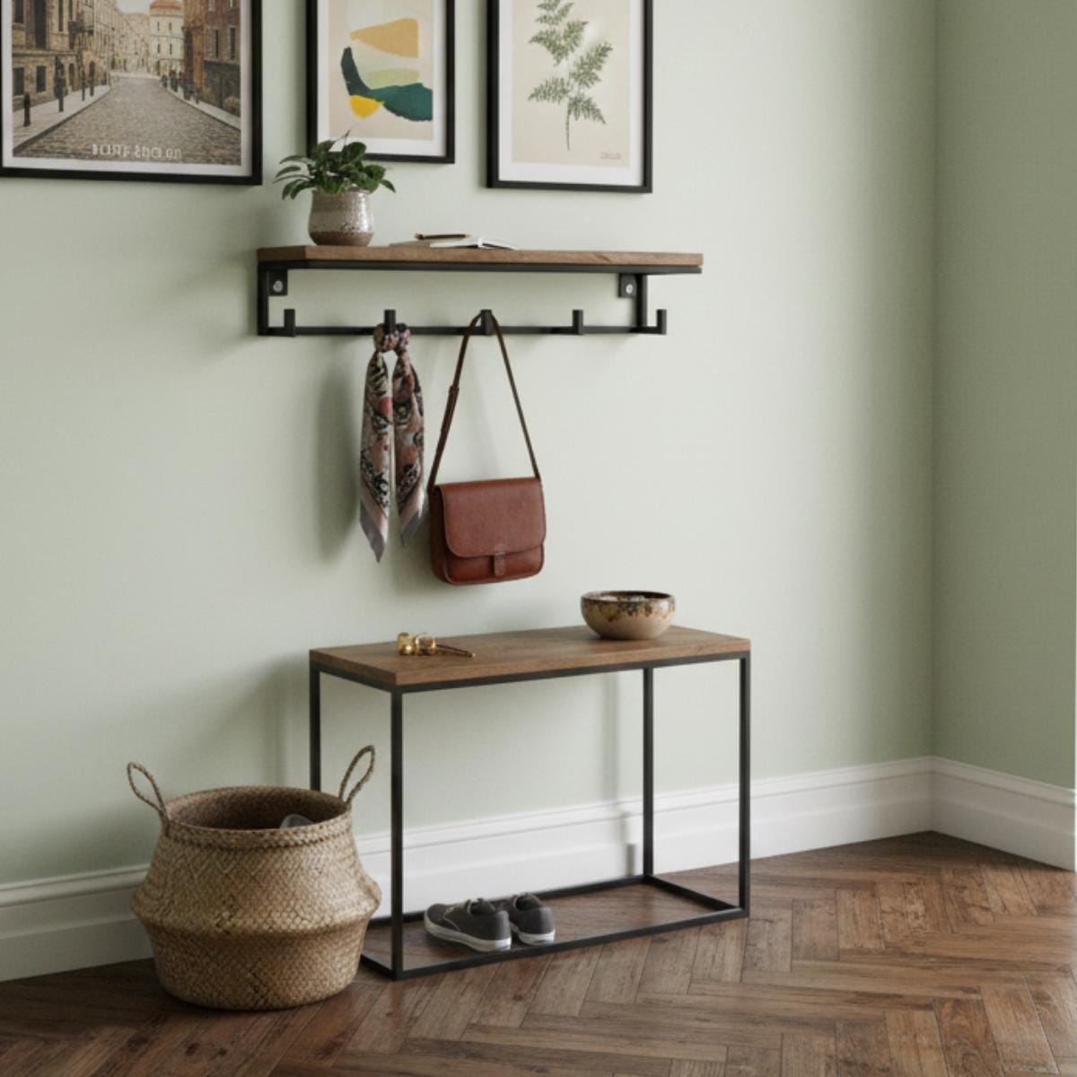 Wall Mounted Coat Rack with Shelf, Modern Entryway Organizer, Wood and Metal Coat Hooks for Hallway Mudroom Storage, Minimali