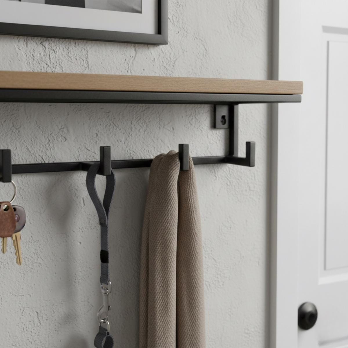 Wall Mounted Coat Rack with Shelf, Modern Entryway Organizer, Wood and Metal Coat Hooks for Hallway Mudroom Storage, Minimali