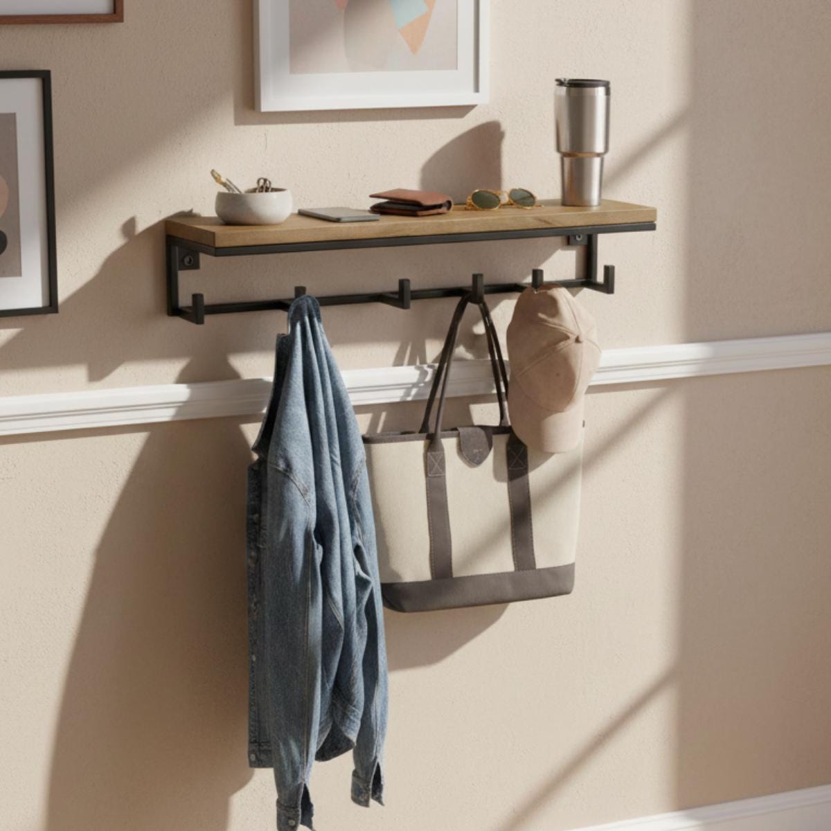 Wall Mounted Coat Rack with Shelf, Modern Entryway Organizer, Wood and Metal Coat Hooks for Hallway Mudroom Storage, Minimali