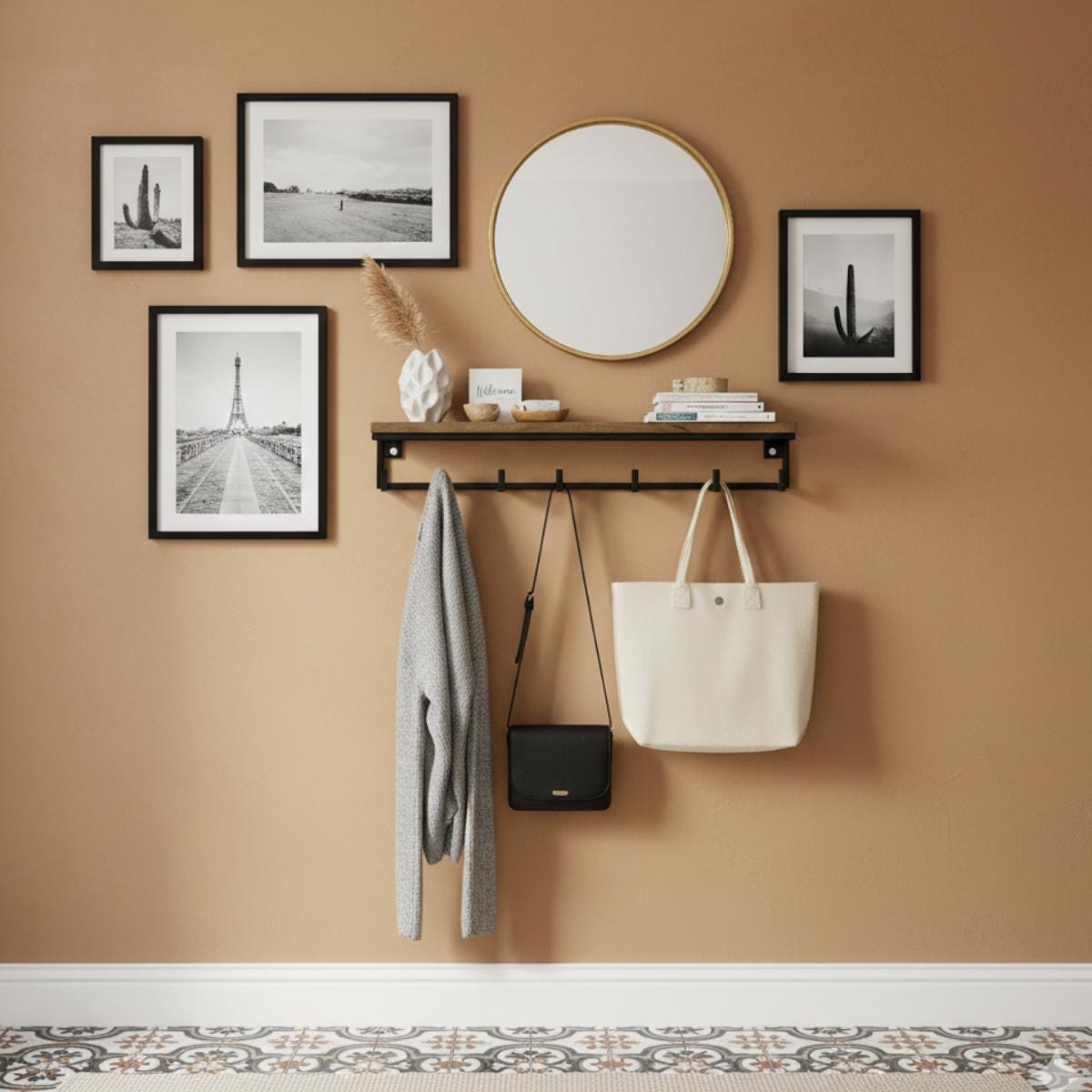 Wall Mounted Coat Rack with Shelf, Modern Entryway Organizer, Wood and Metal Coat Hooks for Hallway Mudroom Storage, Minimali