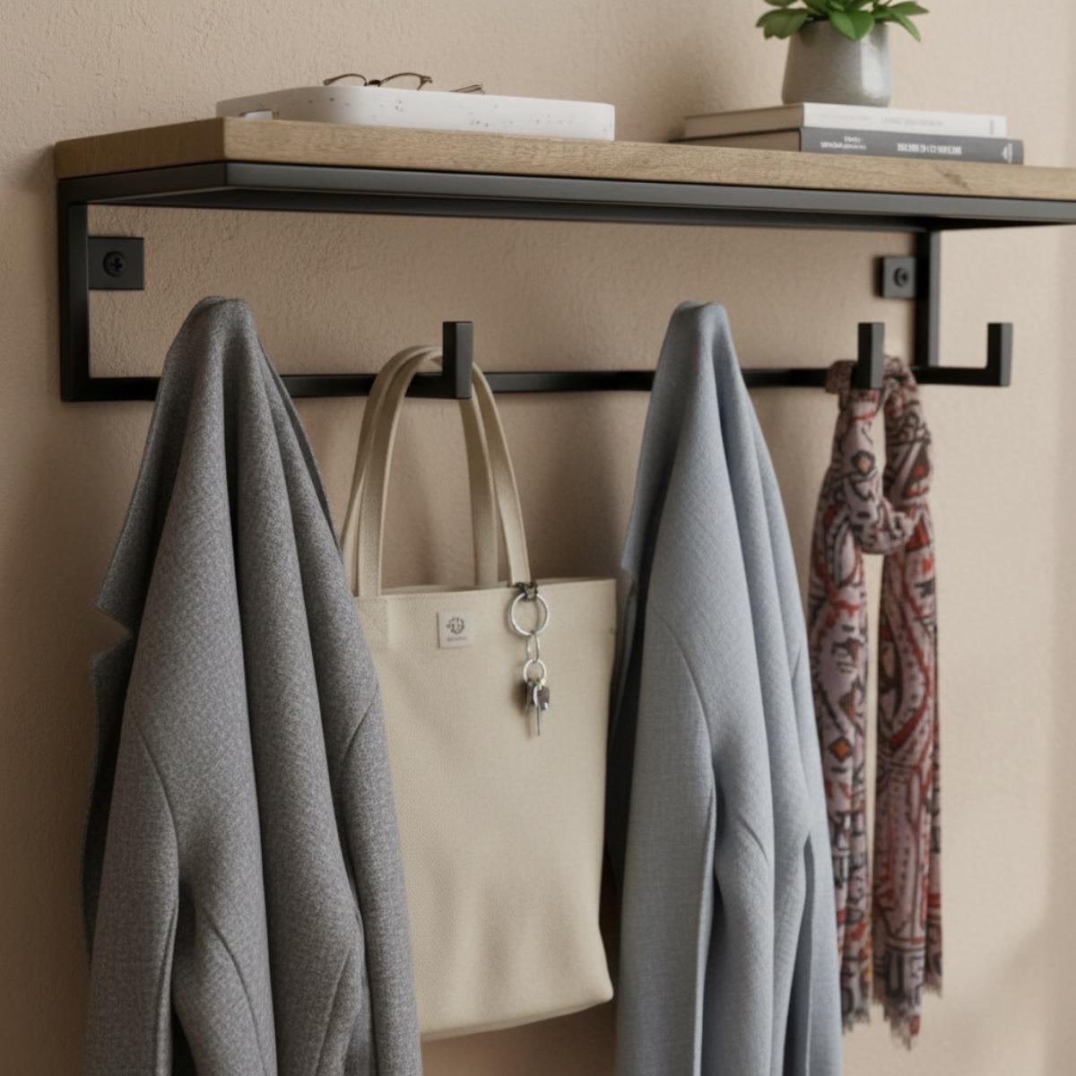 Wall Mounted Coat Rack with Shelf, Modern Entryway Organizer, Wood and Metal Coat Hooks for Hallway Mudroom Storage, Minimali