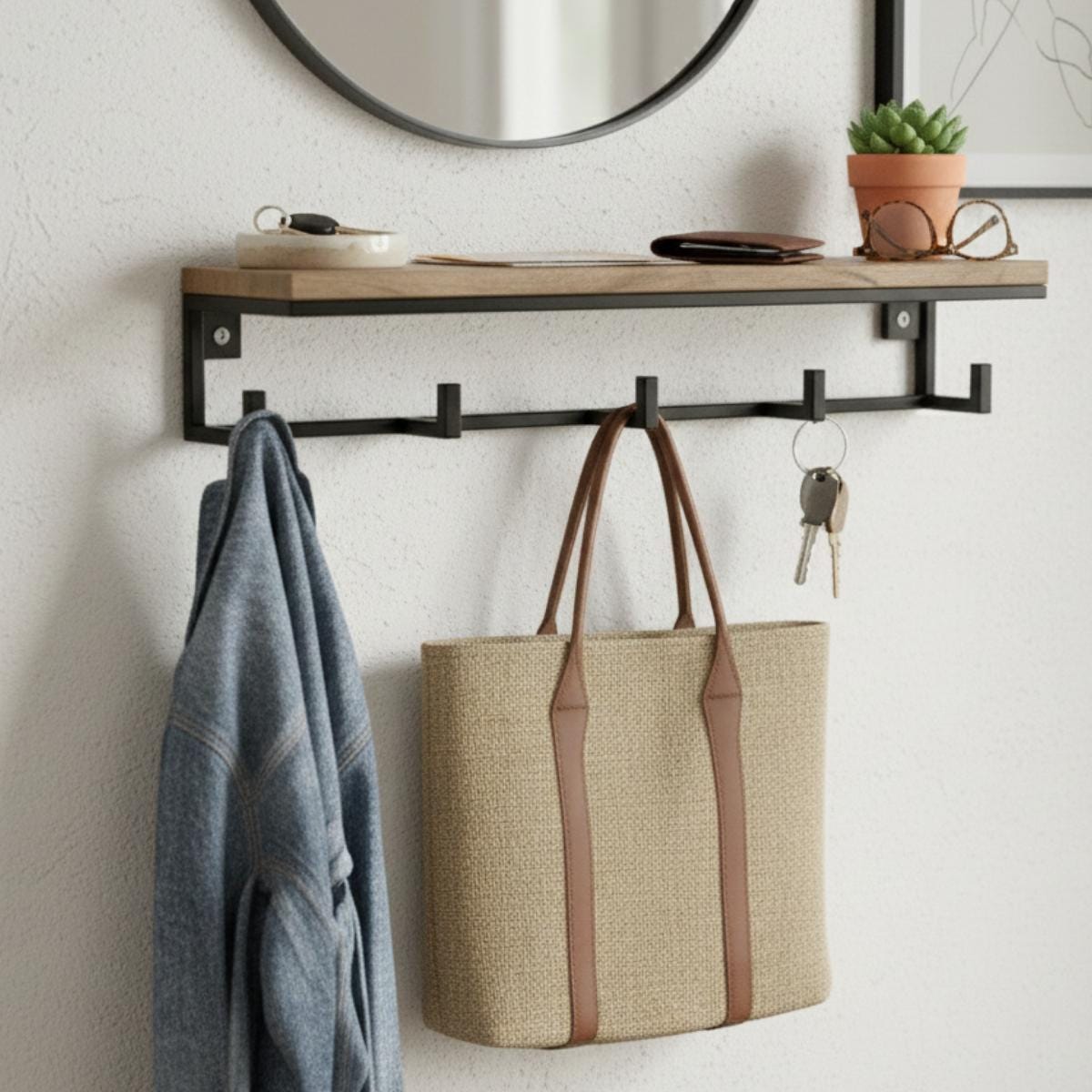 Wall Mounted Coat Rack with Shelf, Modern Entryway Organizer, Wood and Metal Coat Hooks for Hallway Mudroom Storage, Minimali
