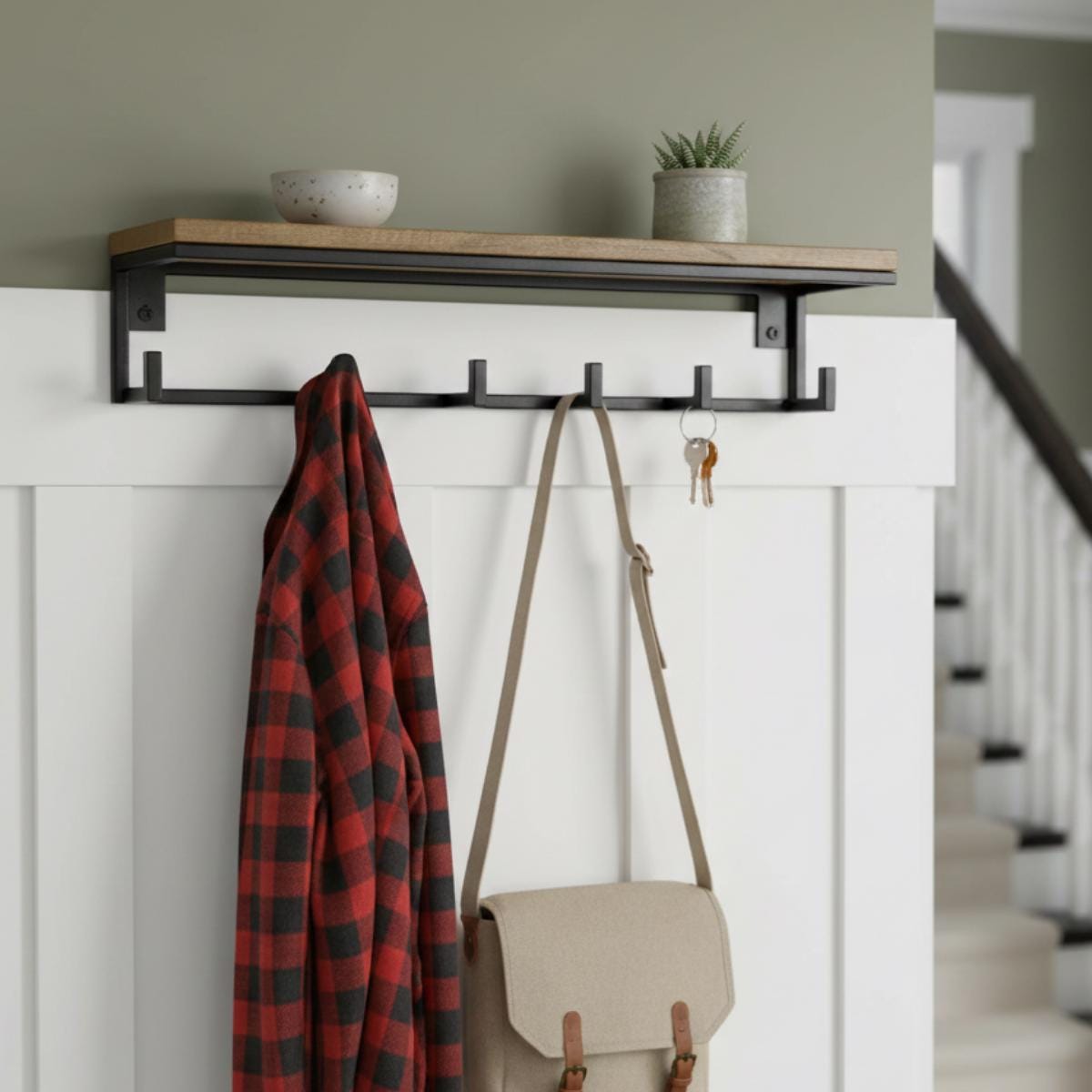 Wall Mounted Coat Rack with Shelf, Modern Entryway Organizer, Wood and Metal Coat Hooks for Hallway Mudroom Storage, Minimali
