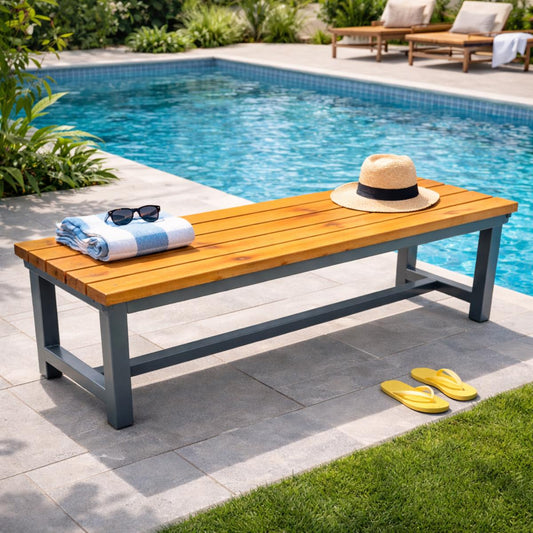 Outdoor Metal Frame Bench With Wood Slat Top, Rustic Garden Bench, Patio Seating, Handmade Steel Garden Furniture, Custom Bac