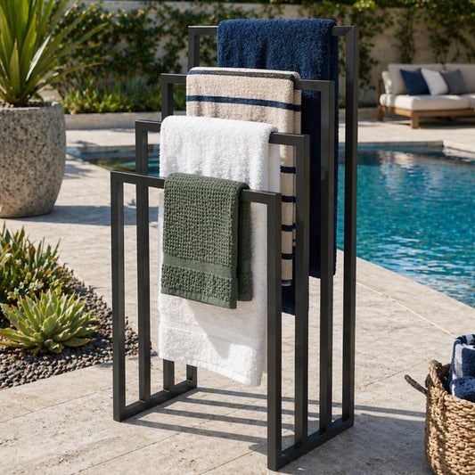 Pool Towel Rack Outdoor Stand, Freestanding Towel Drying Rack for Poolside Patio, Modern Metal Spa Towel Storage