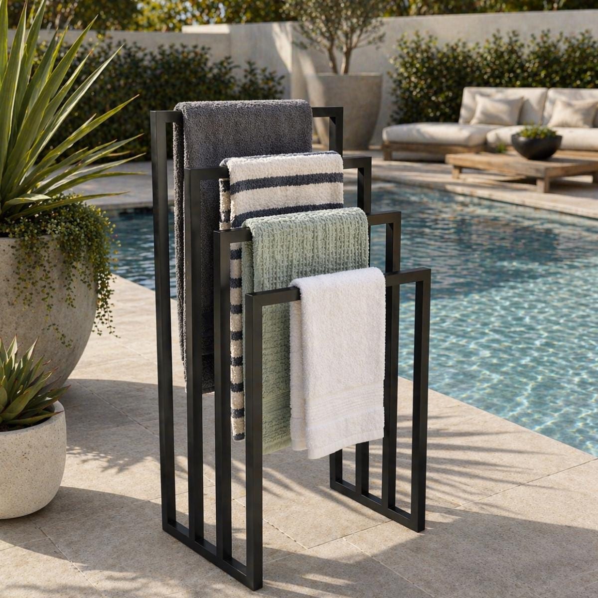 Pool Towel Rack Outdoor Stand, Freestanding Towel Drying Rack for Poolside Patio, Modern Metal Spa Towel Storage