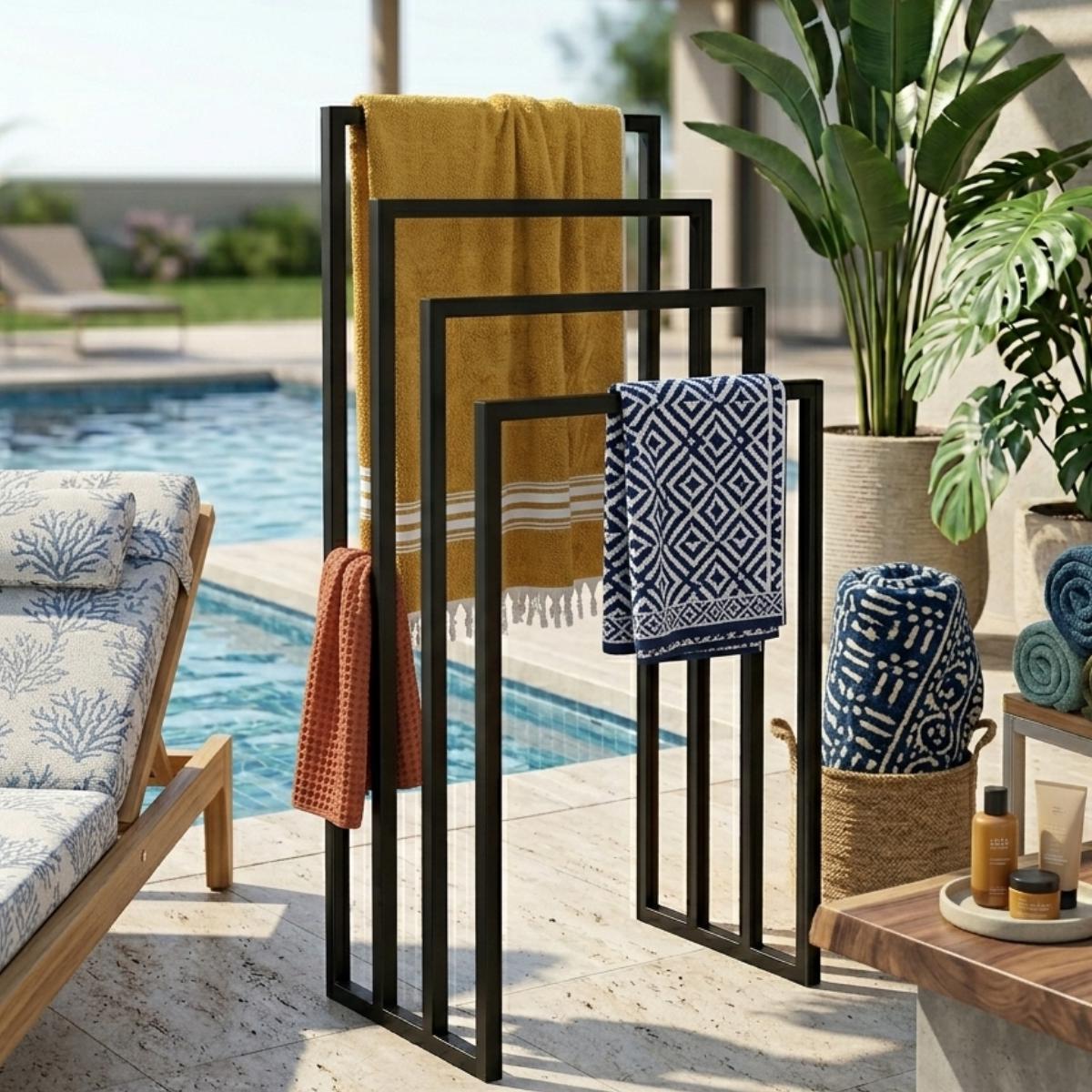 Pool Towel Rack Outdoor Stand, Freestanding Towel Drying Rack for Poolside Patio, Modern Metal Spa Towel Storage