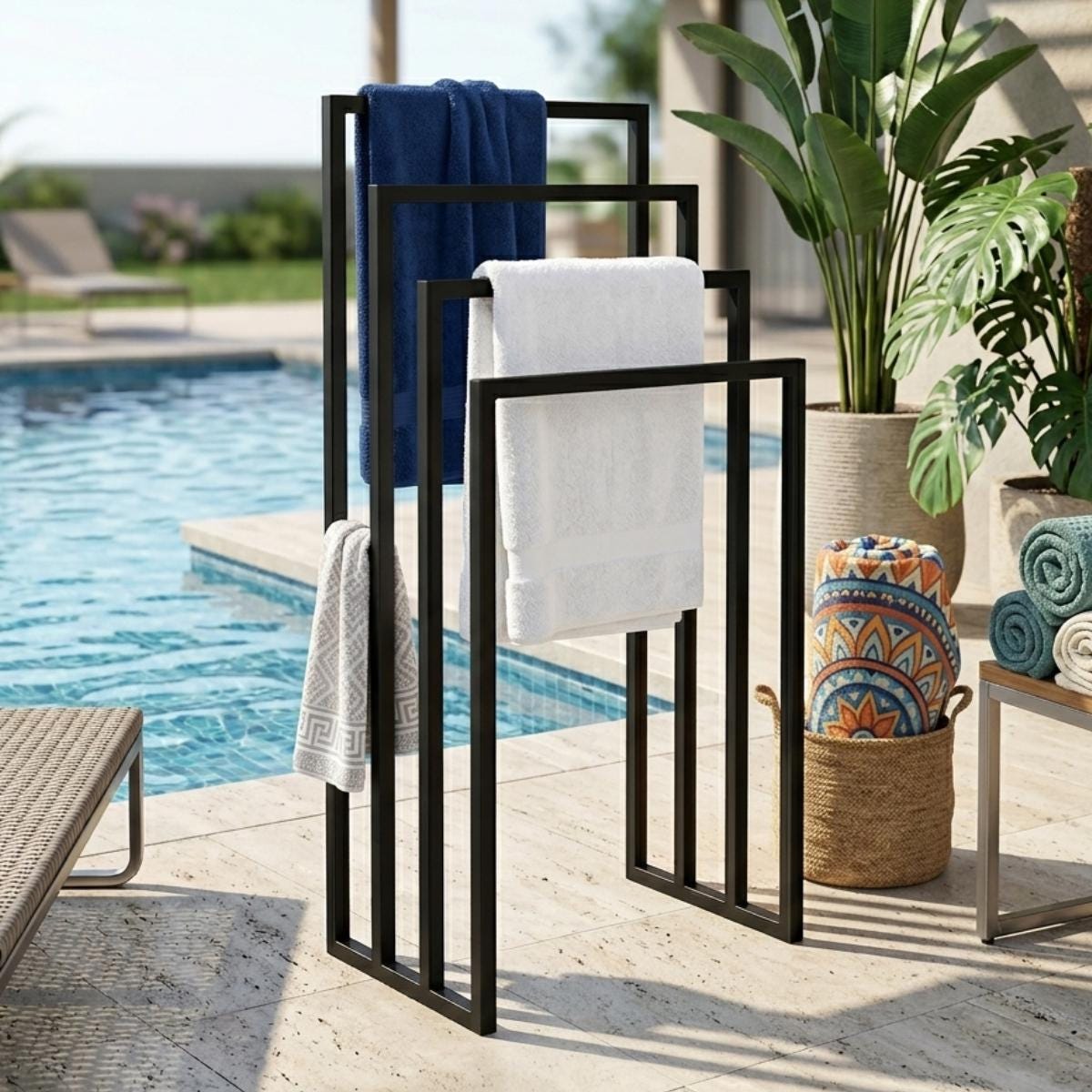 Pool Towel Rack Outdoor Stand, Freestanding Towel Drying Rack for Poolside Patio, Modern Metal Spa Towel Storage