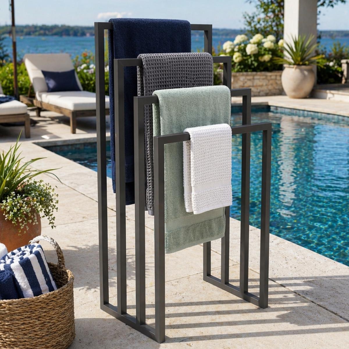 Pool Towel Rack Outdoor Stand, Freestanding Towel Drying Rack for Poolside Patio, Modern Metal Spa Towel Storage