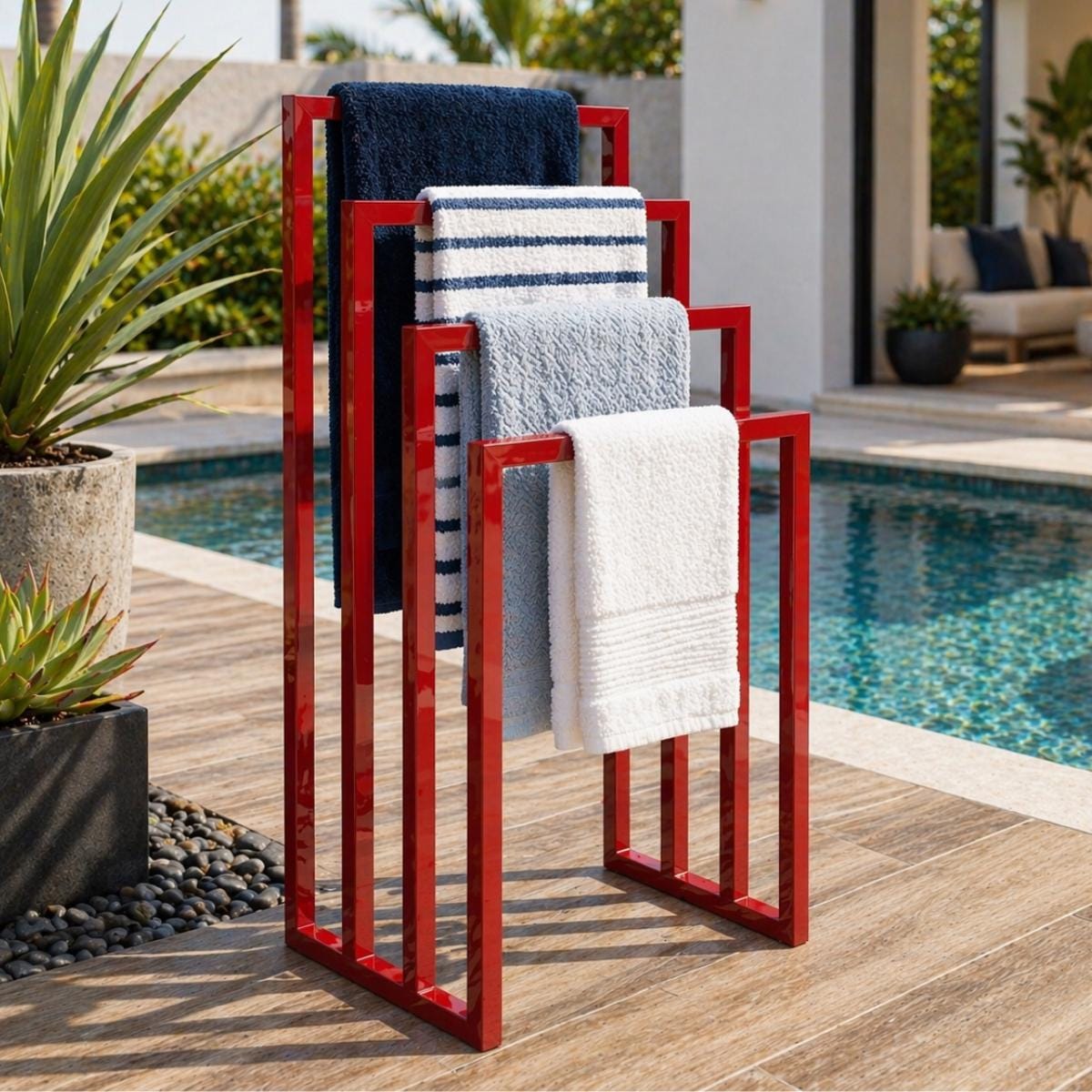 Pool Towel Rack Outdoor Stand, Freestanding Towel Drying Rack for Poolside Patio, Modern Metal Spa Towel Storage