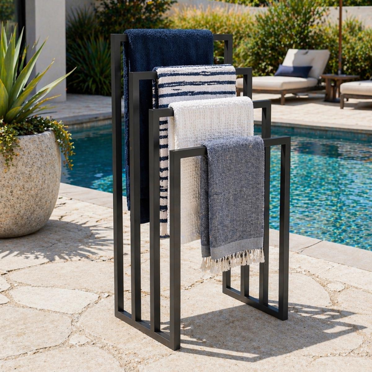 Pool Towel Rack Outdoor Stand, Freestanding Towel Drying Rack for Poolside Patio, Modern Metal Spa Towel Storage