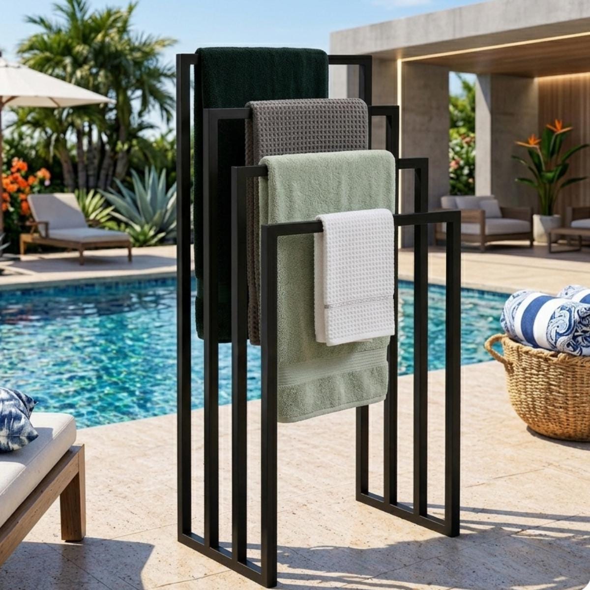 Pool Towel Rack Outdoor Stand, Freestanding Towel Drying Rack for Poolside Patio, Modern Metal Spa Towel Storage