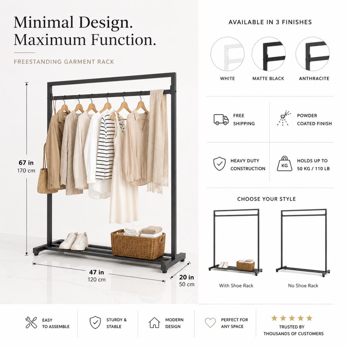 Garment Rack with Shelf Clothes Rail Open Wardrobe Laundry Drying Rack Freestanding Clothes Rack Bedroom Closet Organizer