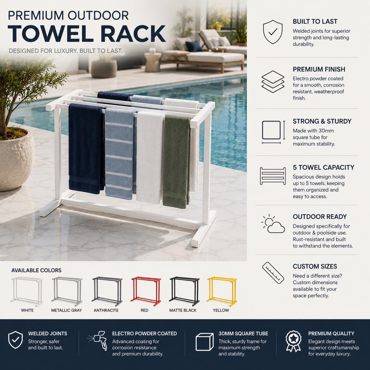 Pool Towel Rack, Outdoor Towel Rack, Freestanding Poolside Towel Holder, Beach Towel Rack, Steel Towel Drying Rack, Pool Stor