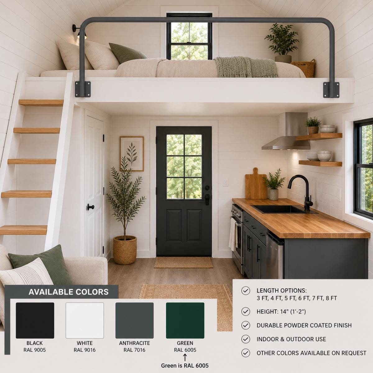 Loft Railing | Tiny House Loft Safety Rail | Wrought Iron Style Mezzanine Guardrail | Custom Steel Face Mount Rail