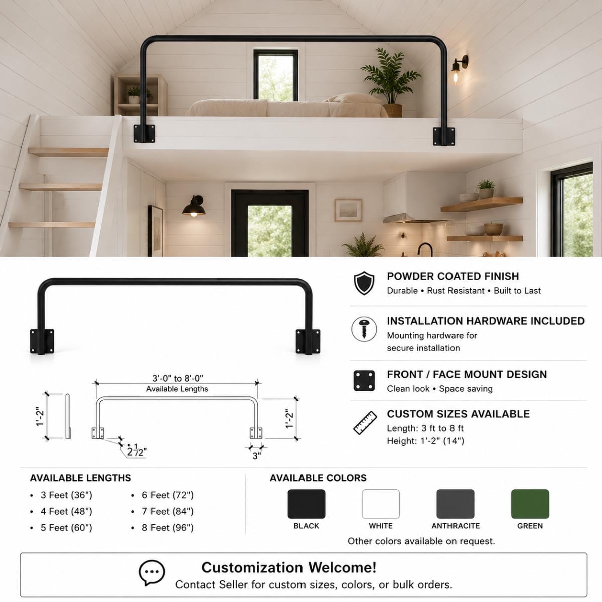 Loft Railing | Tiny House Loft Safety Rail | Wrought Iron Style Mezzanine Guardrail | Custom Steel Face Mount Rail