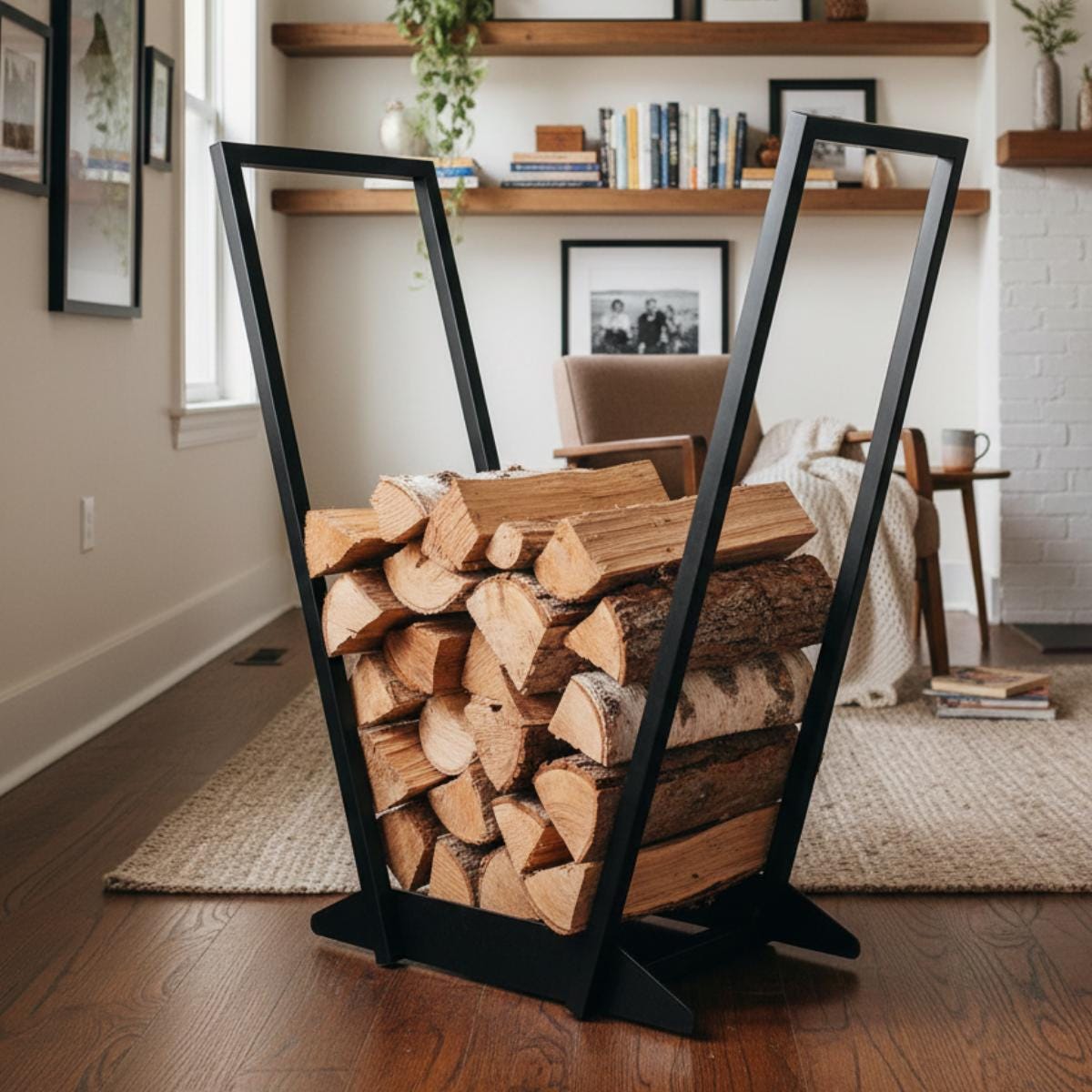 Indoor fireplace log holder black metal firewood storage rack