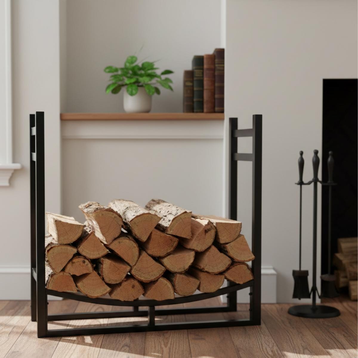 Indoor fireplace log holder rack, modern home decor firewood storage solution