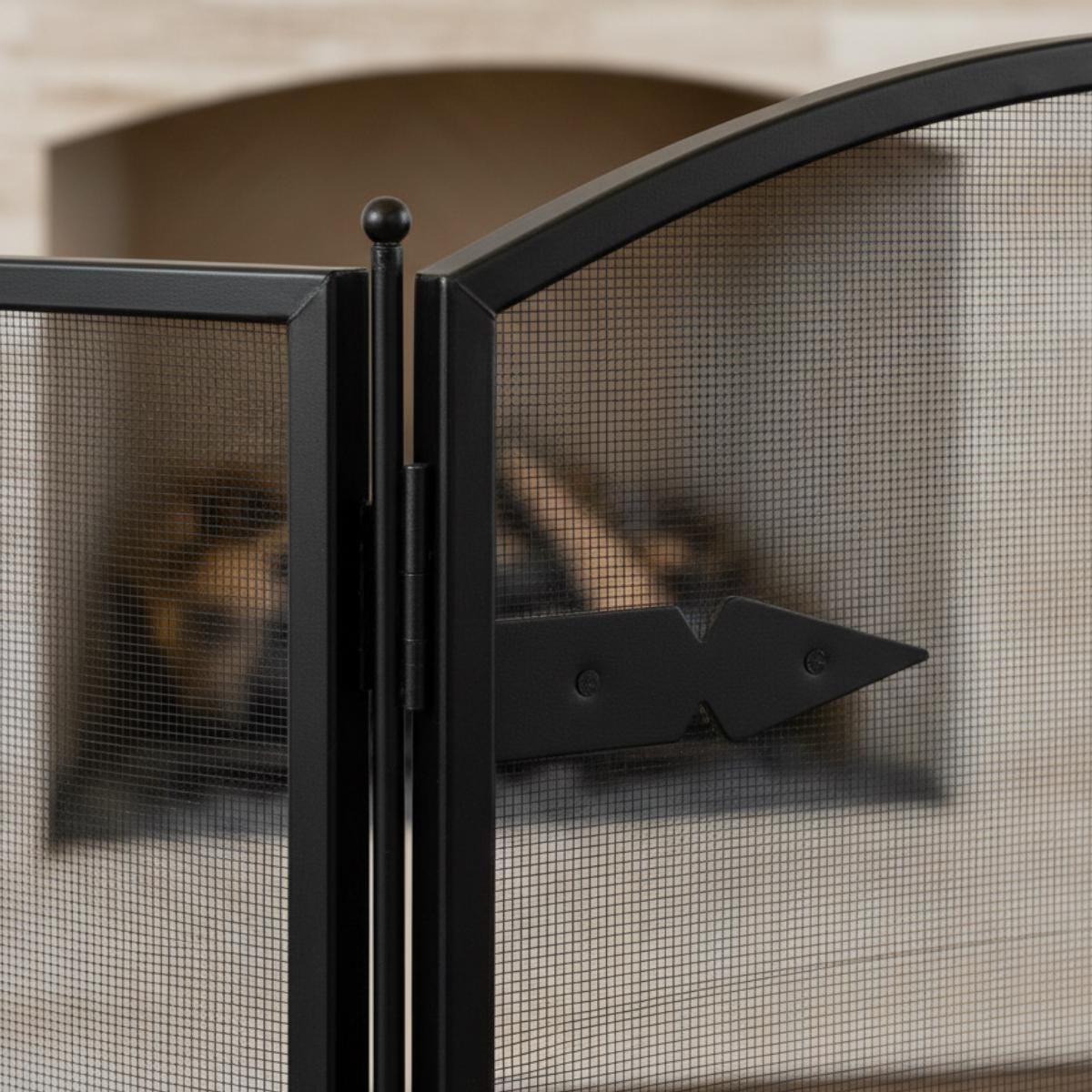 Indoor fireplace screen arched black metal mesh spark barrier