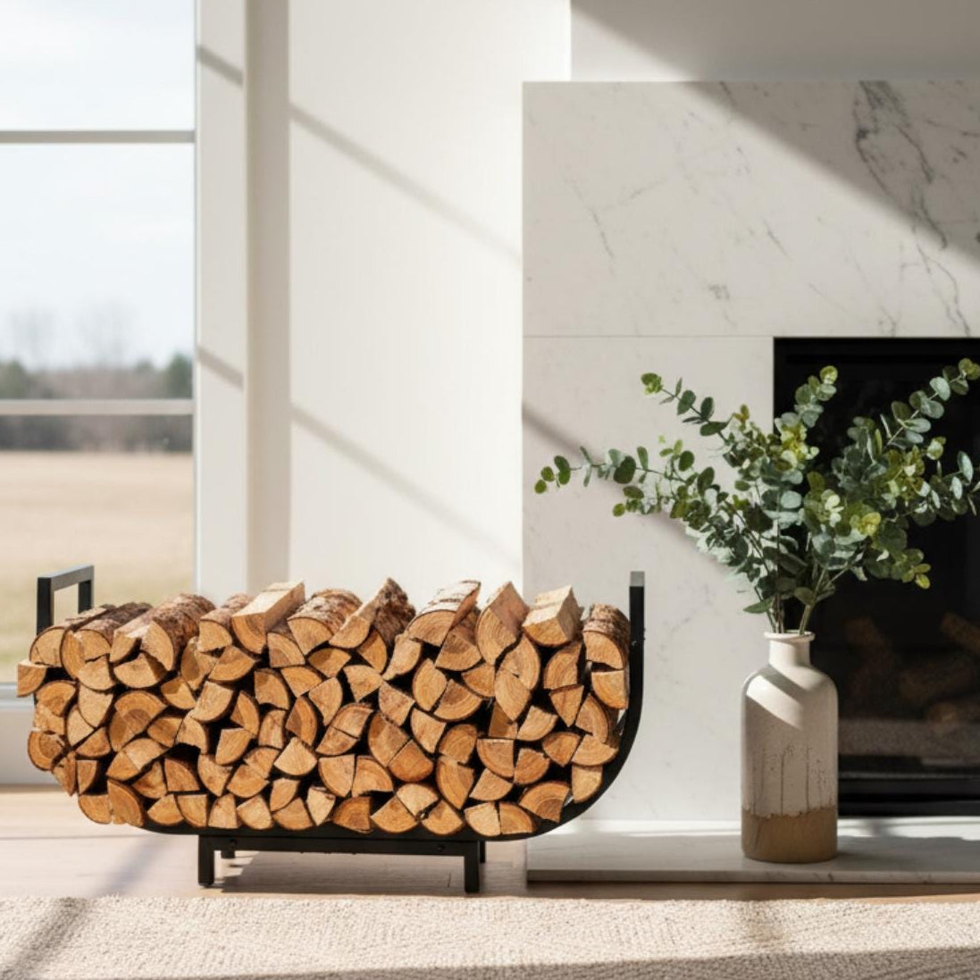 Indoor firewood holder curved metal rack for fireplace