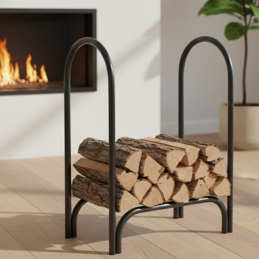 Indoor firewood rack compact metal log holder placed near fireplace in modern home