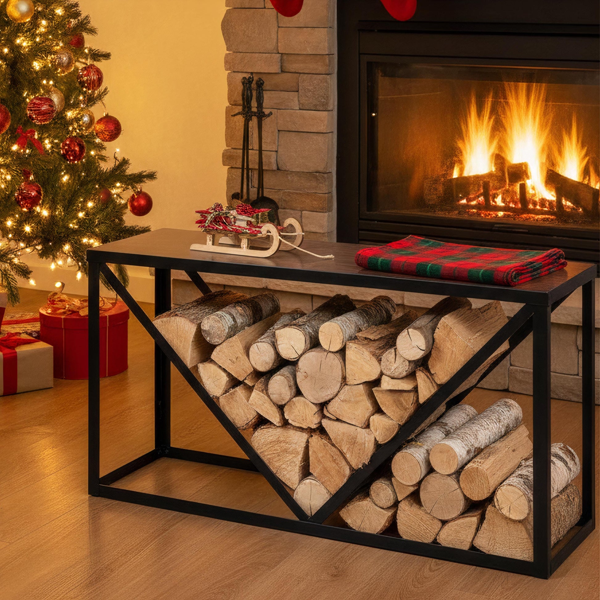 Indoor firewood rack console table used as functional furniture for log storage and decor