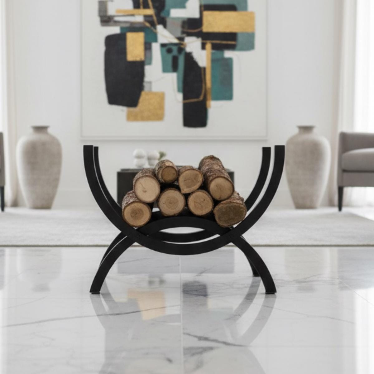 Indoor firewood rack with curved design positioned near fireplace with neatly stacked logs