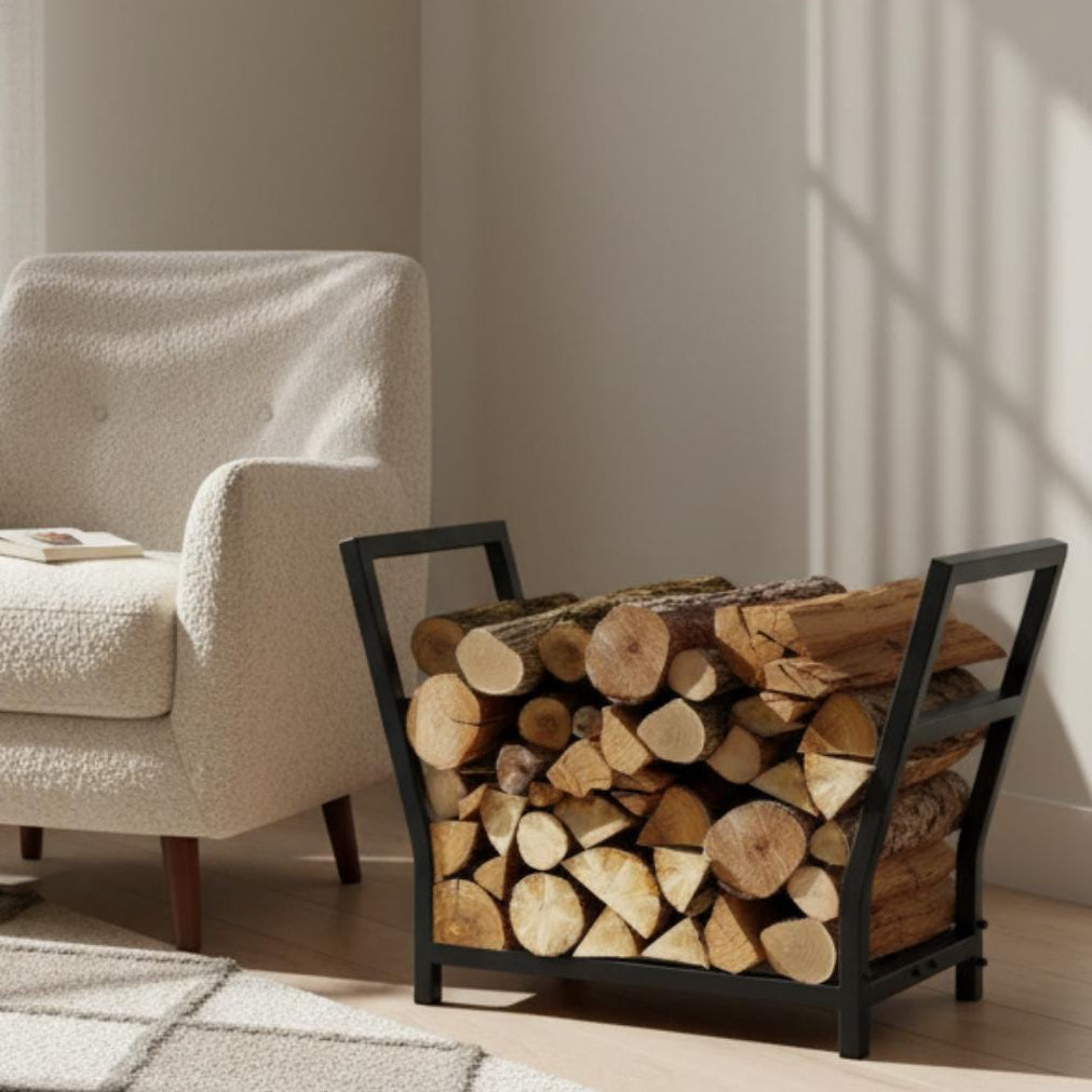 Indoor firewood rack used for log storage in modern home interior