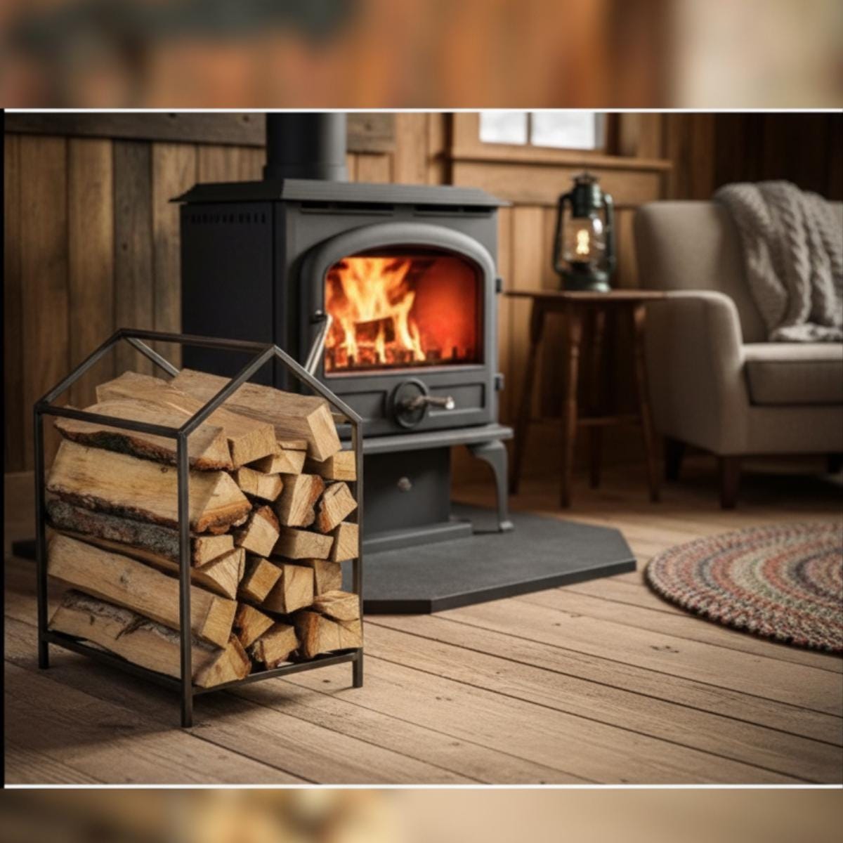 Indoor firewood rack placed in modern living room next to burning fireplace with neatly stacked logs