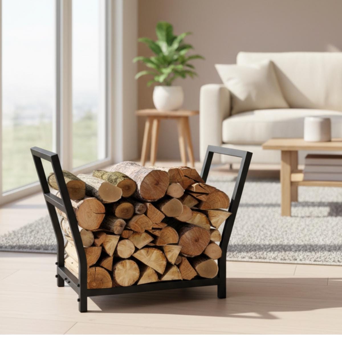 Indoor firewood rack modern log holder placed in bright living room with stacked wood