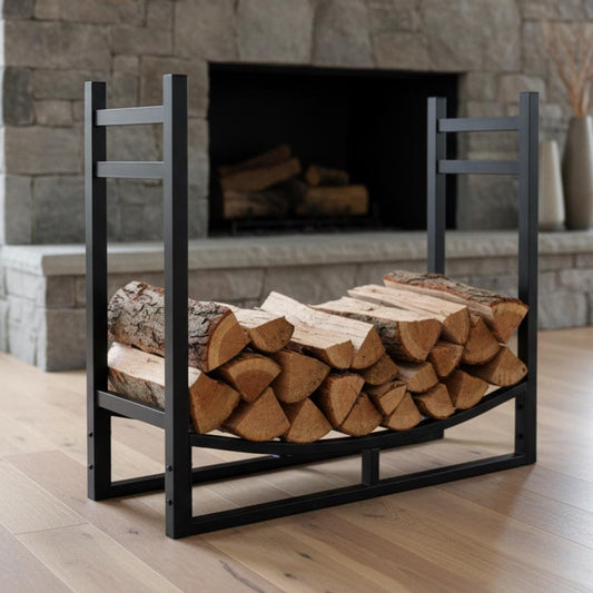 Modern indoor firewood rack in black metal, heavy duty log holder for fireplace wood storage