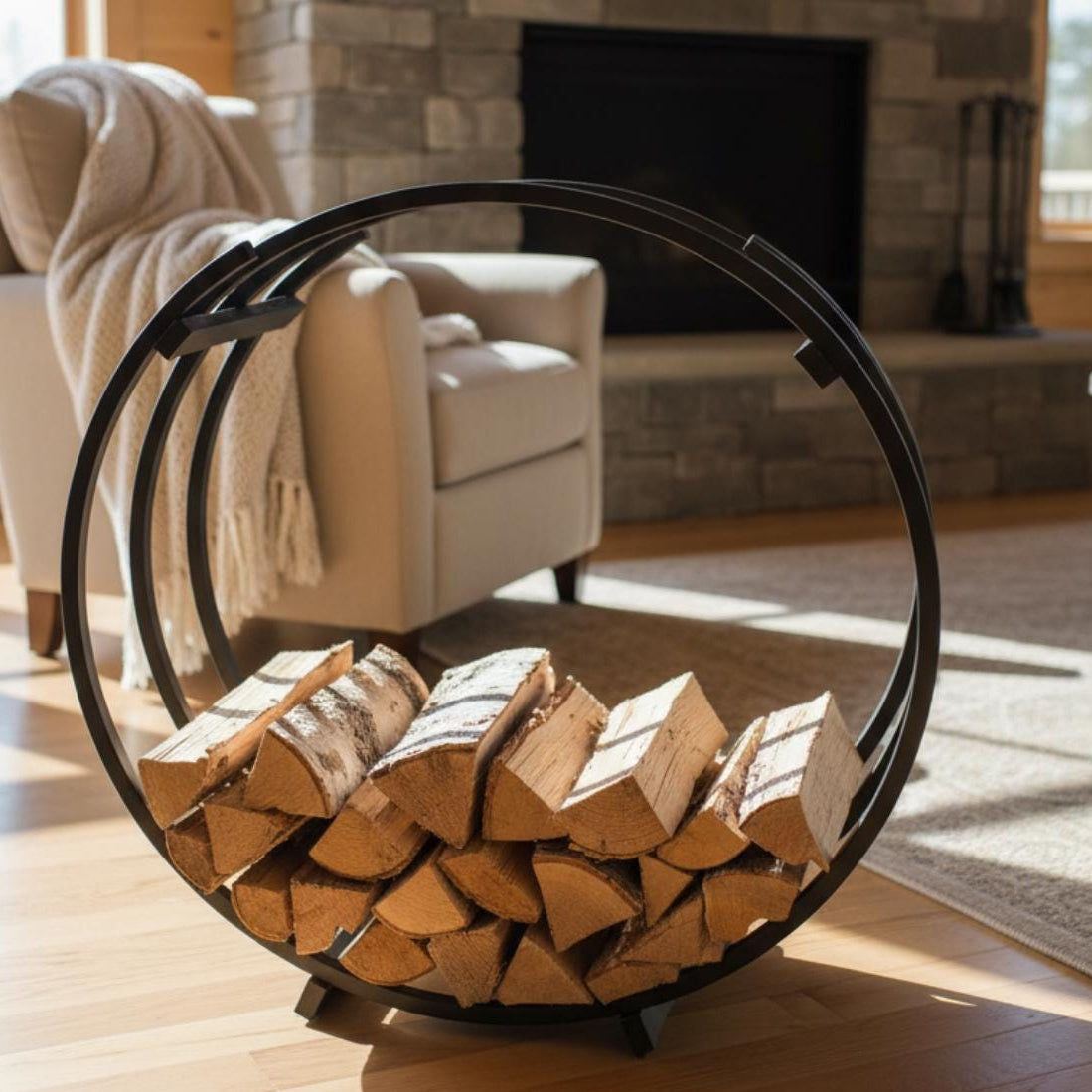 Indoor firewood rack round design metal log holder for fireplace area