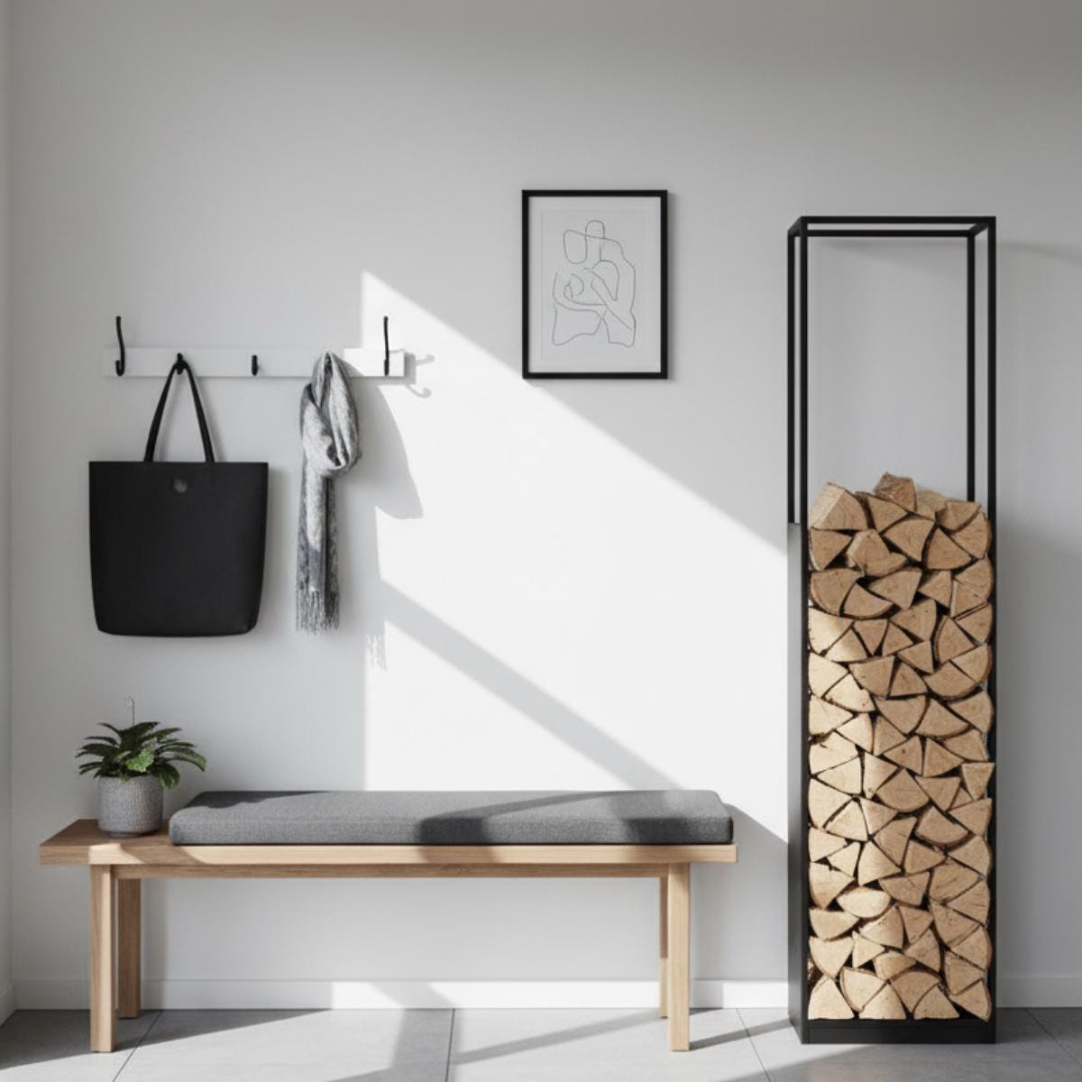 Tall vertical firewood rack black metal indoor log holder, modern space saving firewood storage for living room, freestanding steel log rack for fireplace wood organization