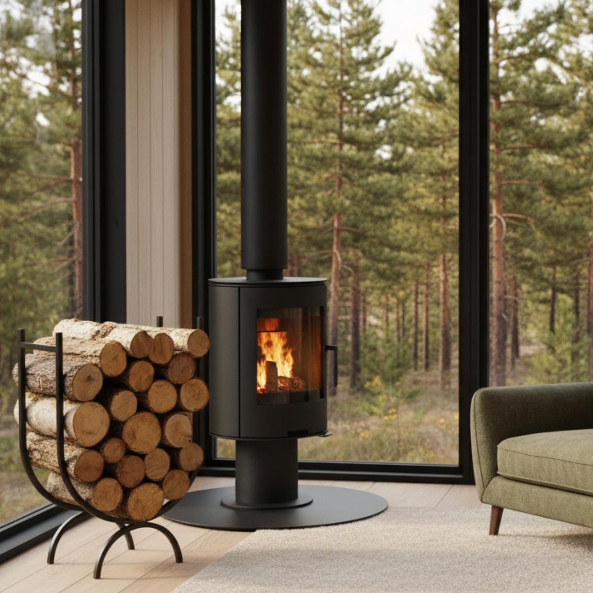 Indoor firewood rack with vertical design used as metal log holder near fireplace