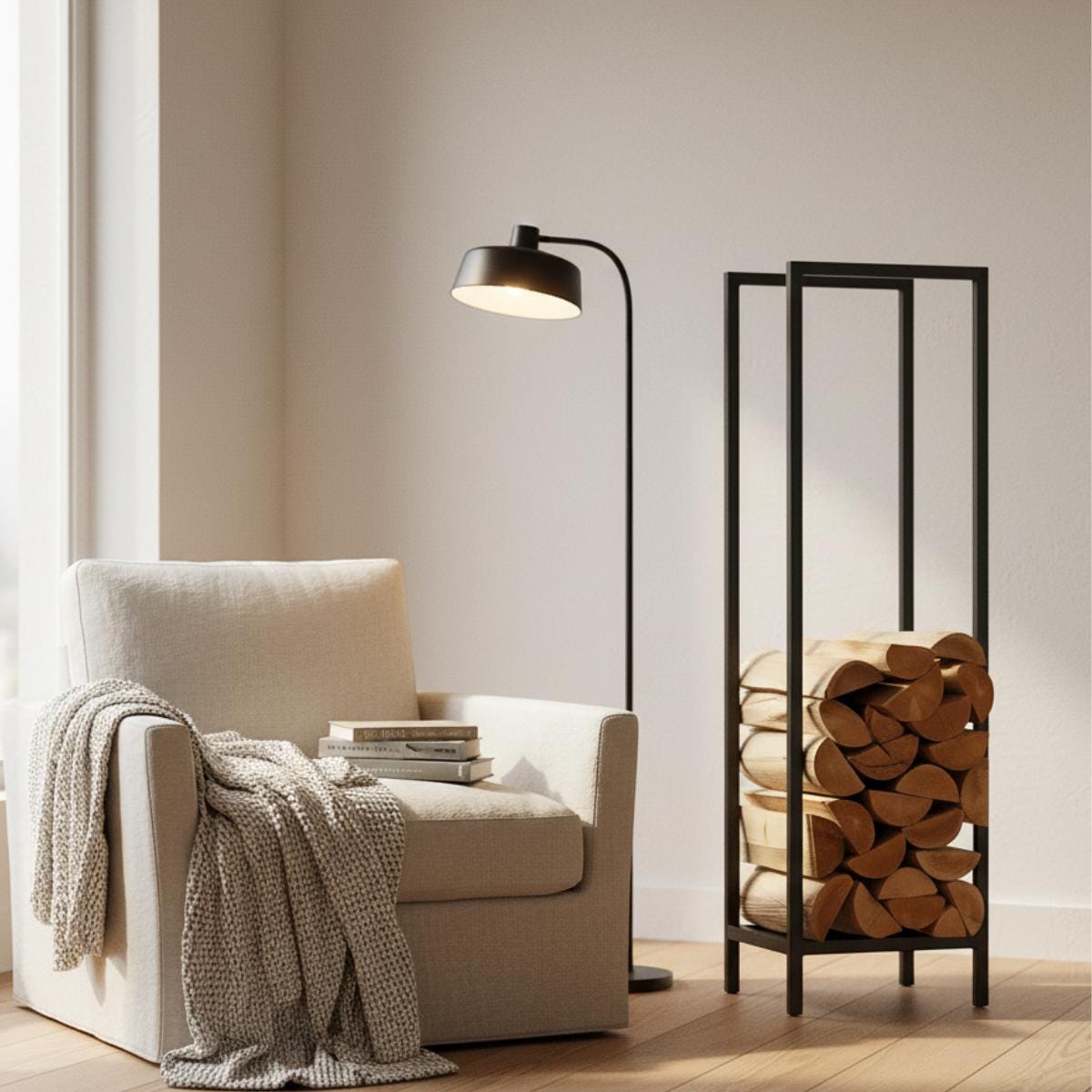 Fireplace side firewood rack vertical black metal log holder, modern indoor firewood storage for living room, freestanding steel log rack for fireplace wood organization