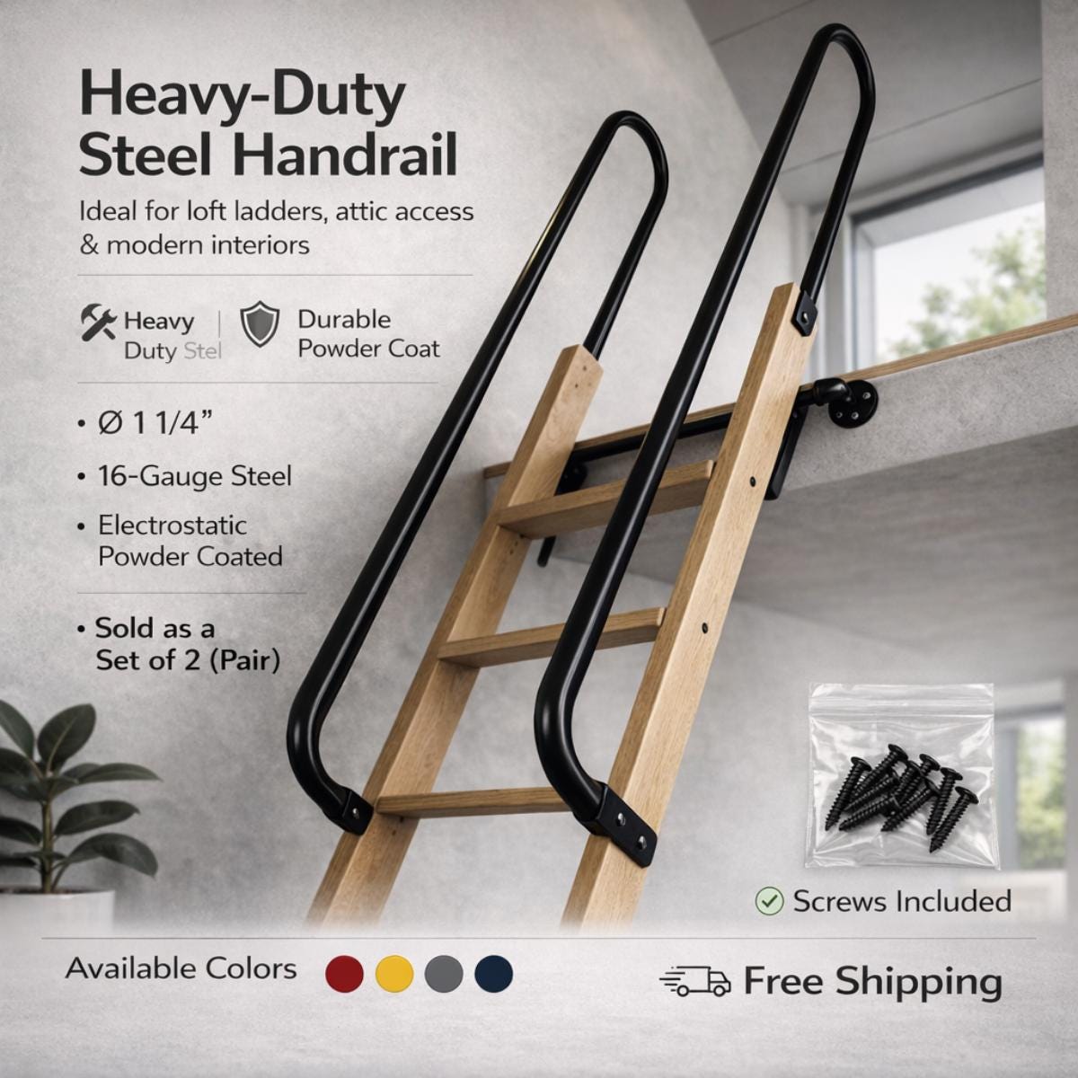 Indoor ladder handrail black metal safety support