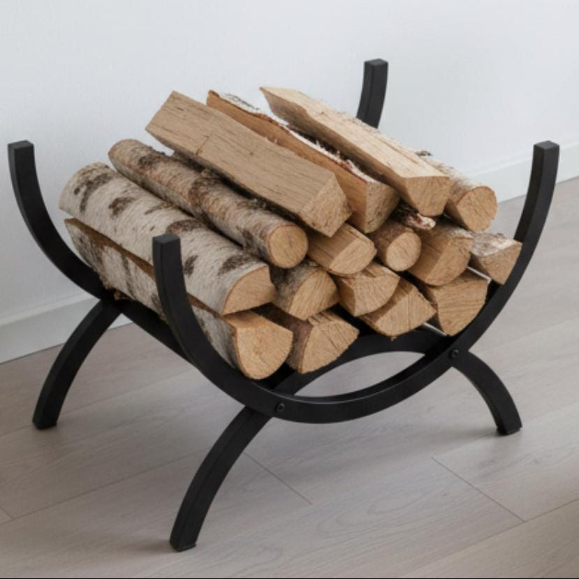 Indoor log holder with curved firewood rack design in modern home fireplace area