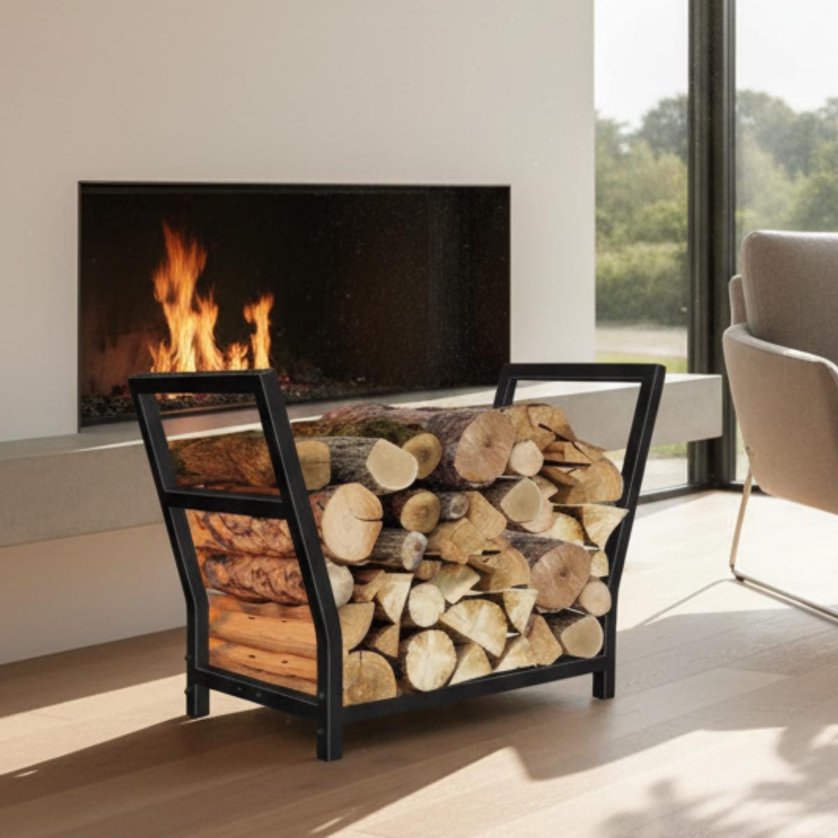 Indoor log holder metal firewood rack used as home decor element