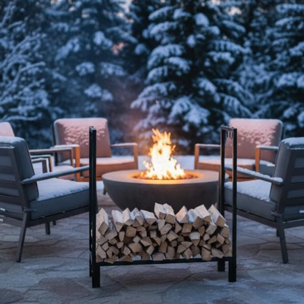 Indoor log holder rack designed for modern fireplace storage and organization