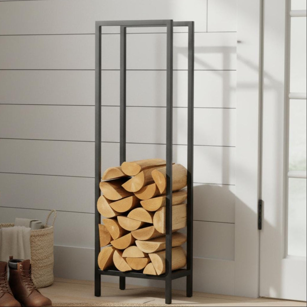 Fireplace side firewood rack vertical black metal log holder, modern indoor firewood storage for living room, freestanding steel log rack for fireplace wood organization