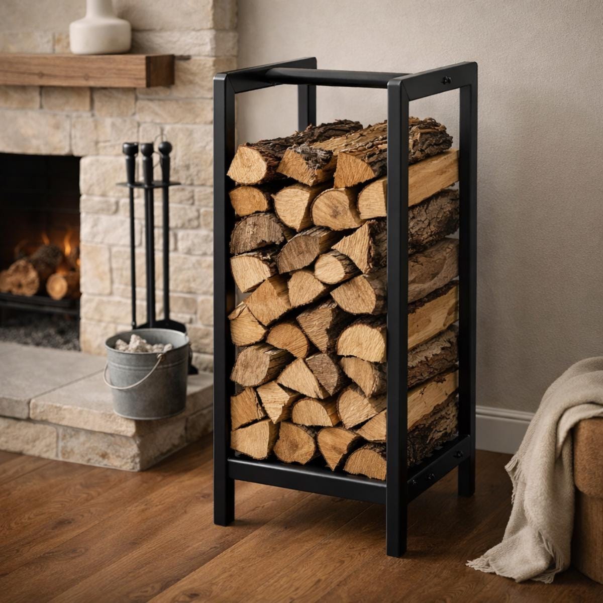 Indoor log holder vertical firewood rack metal design