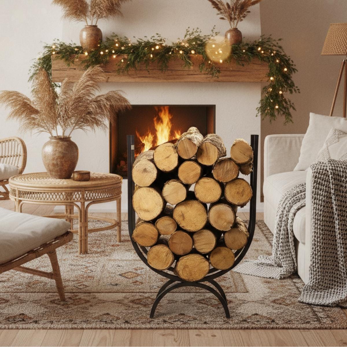 Modern firewood rack with vertical metal frame used as home decor