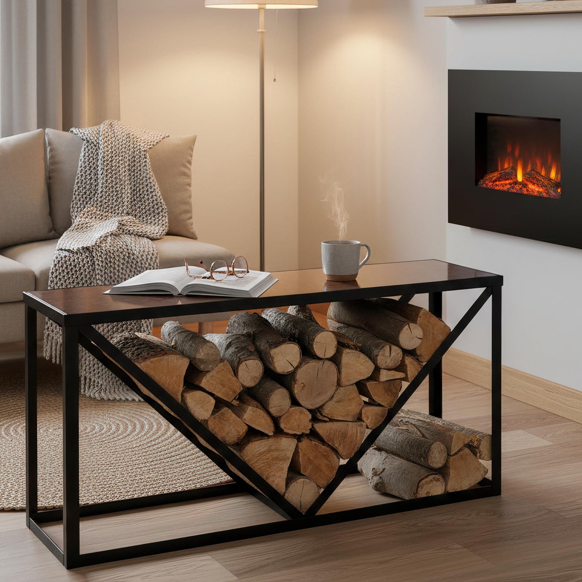 Indoor log storage console table used as modern firewood holder near stove