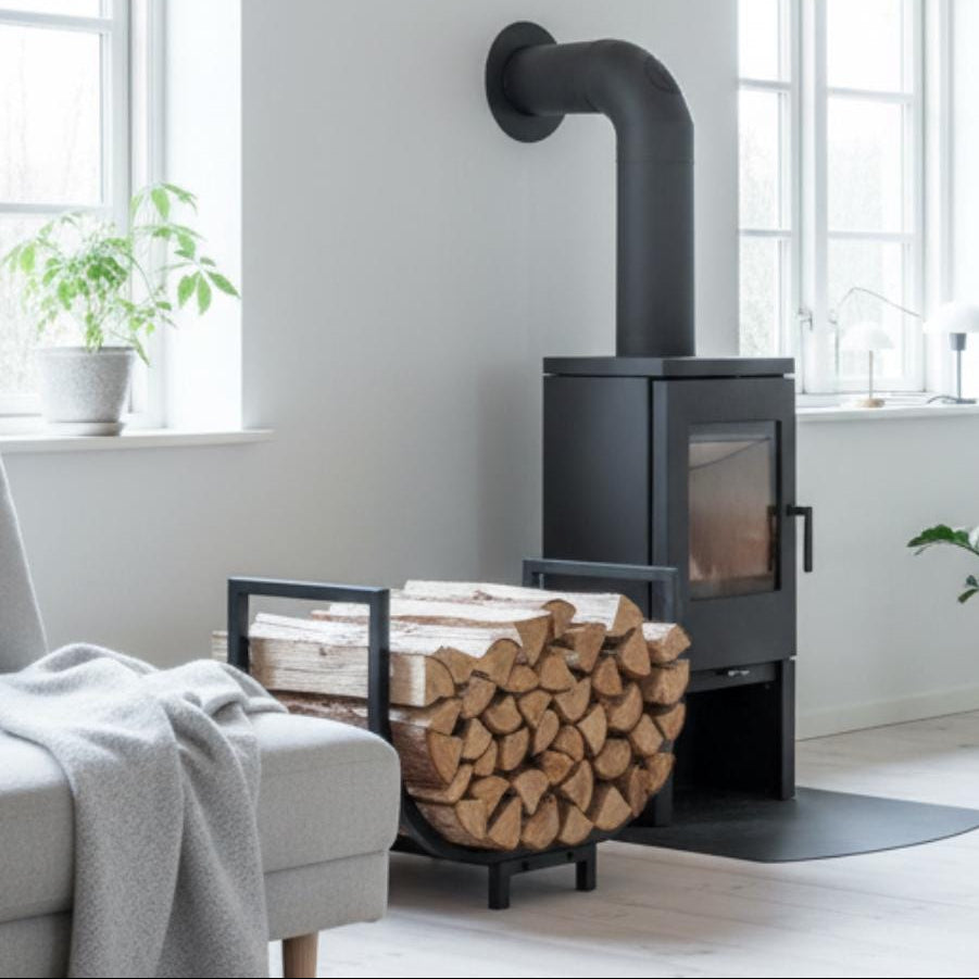 Indoor log storage rack curved black metal holder