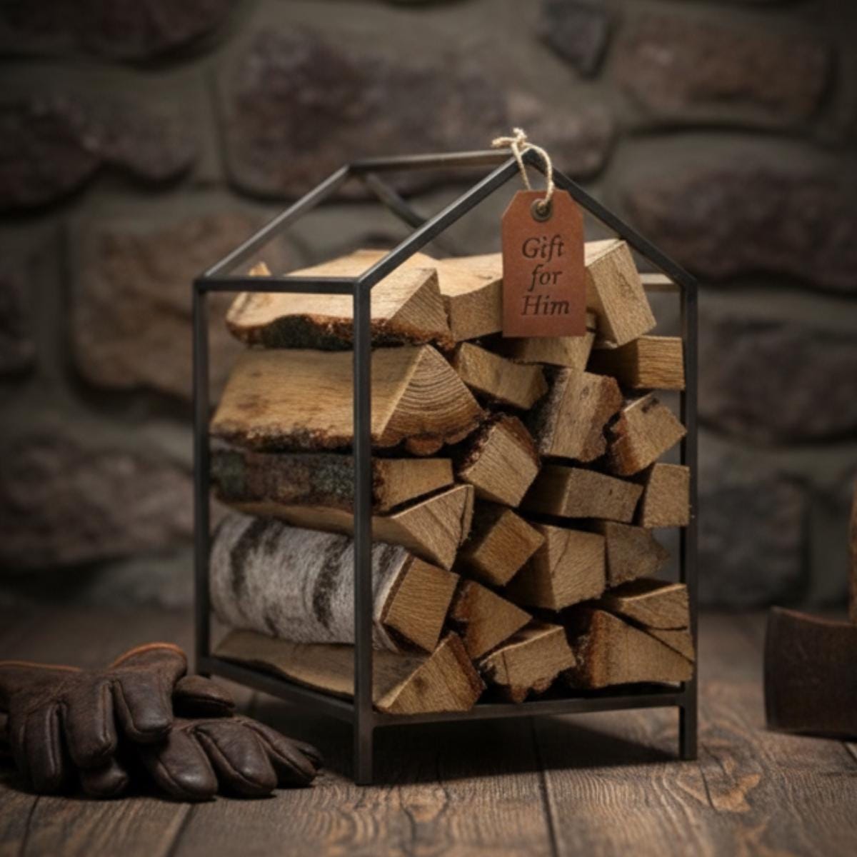 Indoor log storage rack placed near fireplace in cozy cabin style home interior